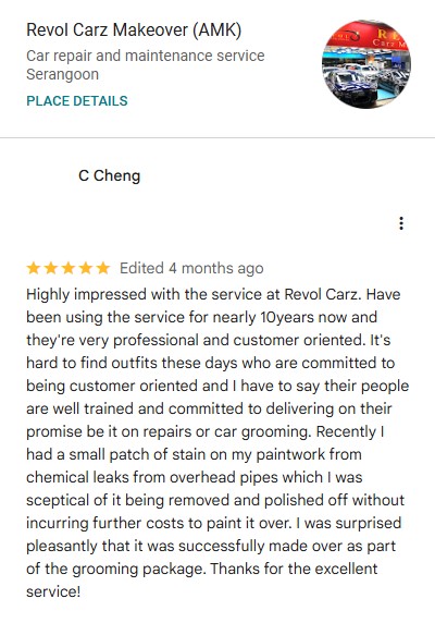 Google review by C CHENG, 10–20 yrs customer of Revol Carz