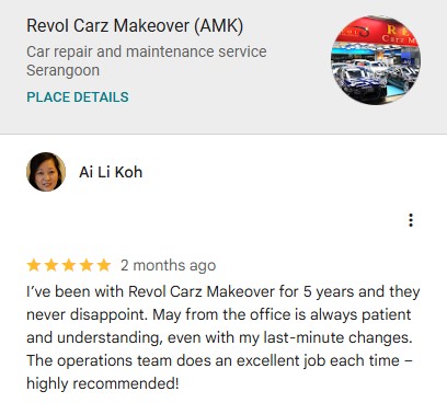 Google review by AI LI KOH, 5–9 yrs customer of Revol Carz