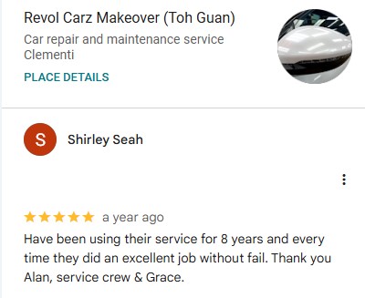Google review by SHIRLEY SEAH, 5–9 yrs customer of Revol Carz