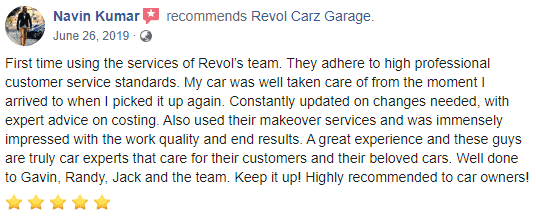 Facebook recommendation by Navin Kumar praising Revol Carz Garage's customer service and work quality