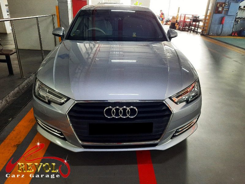 Audi A4 parked at the workshop, in for engine and transmission mount replacement.