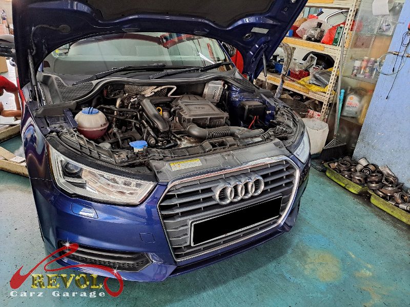 Audi A1 parked at the workshop, in for a full brake inspection.