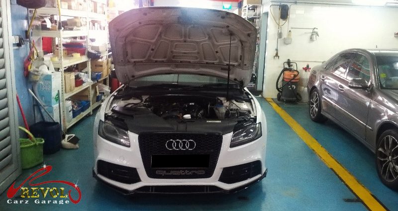 Audi A5 parked at the workshop, in for a cooling fan diagnosis.