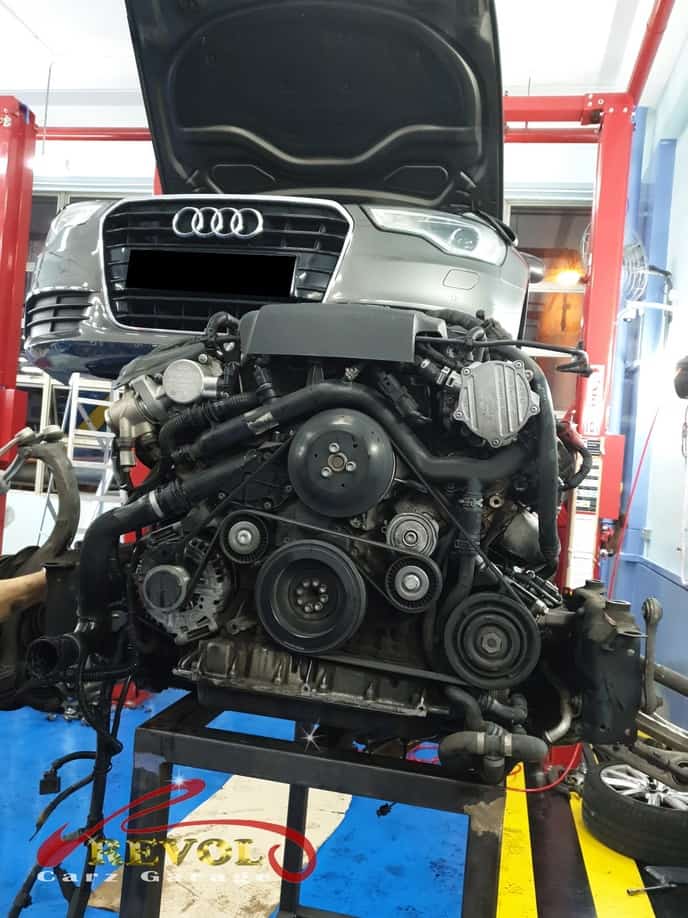 The Audi A6 inspected, multiple sources of oil leaks found across the V6.