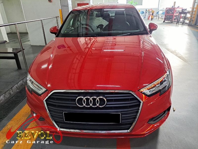 Audi A3 parked at the workshop, in for engine and transmission mount replacement.