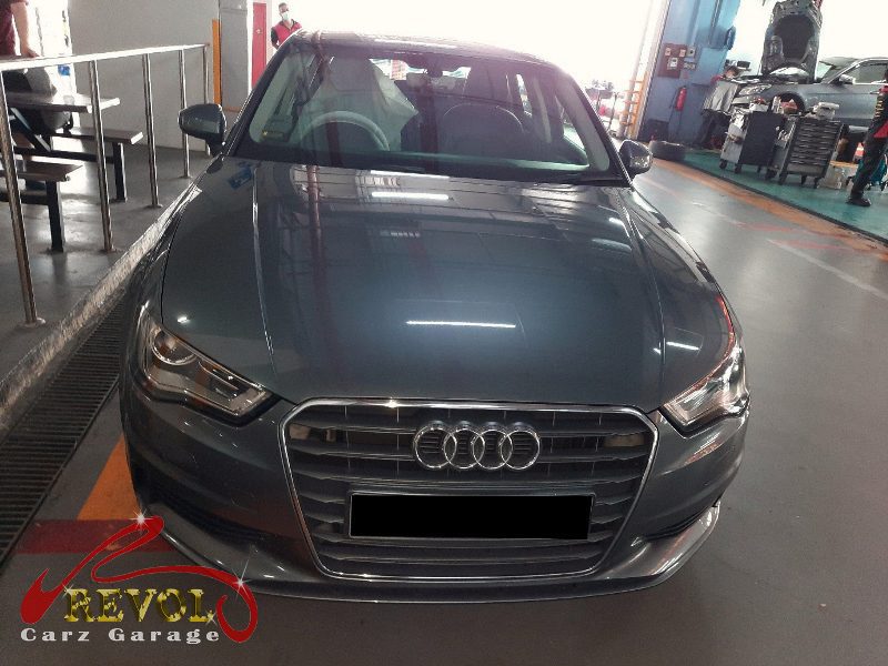 Audi A3 parked at the workshop for full maintenance servicing.