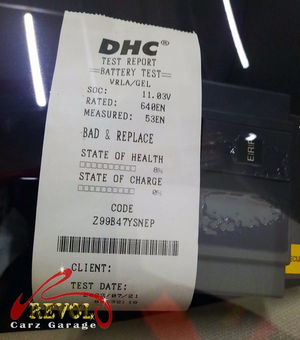Battery and charging test on the Audi A3 showing the failed battery.