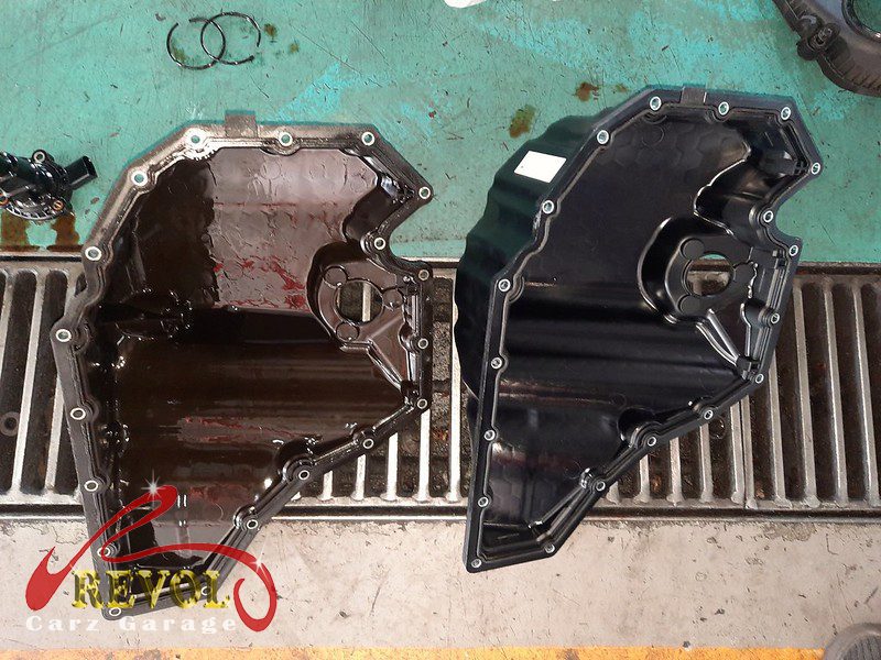 The sump refitted with a fresh seal and the engine checked dry.