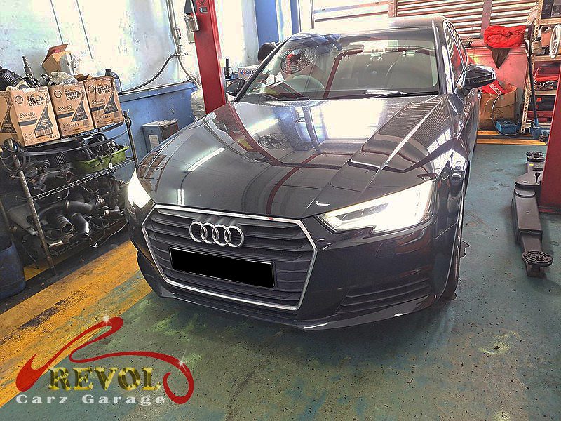 Audi A4 parked at the workshop, in for a wheel bearing diagnosis.