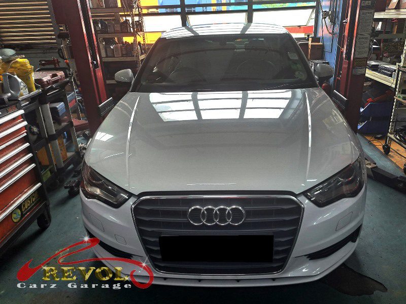Audi A3 parked at the workshop, in for an oil separator diagnosis.