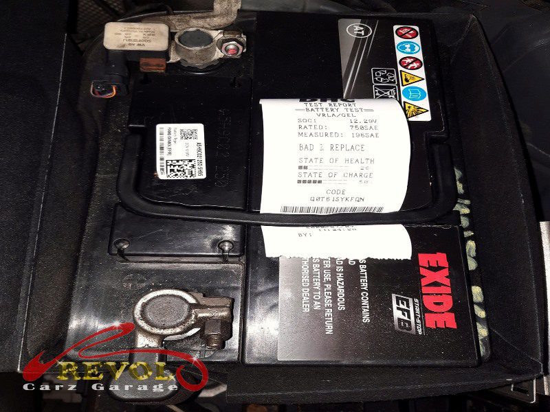 Battery and charging test on the Audi A3 showing the failed battery.