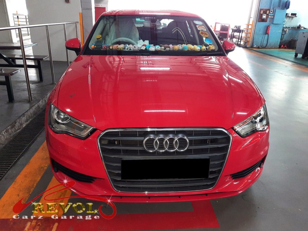 Audi A3 parked at the workshop, in for a wheel bearing diagnosis.