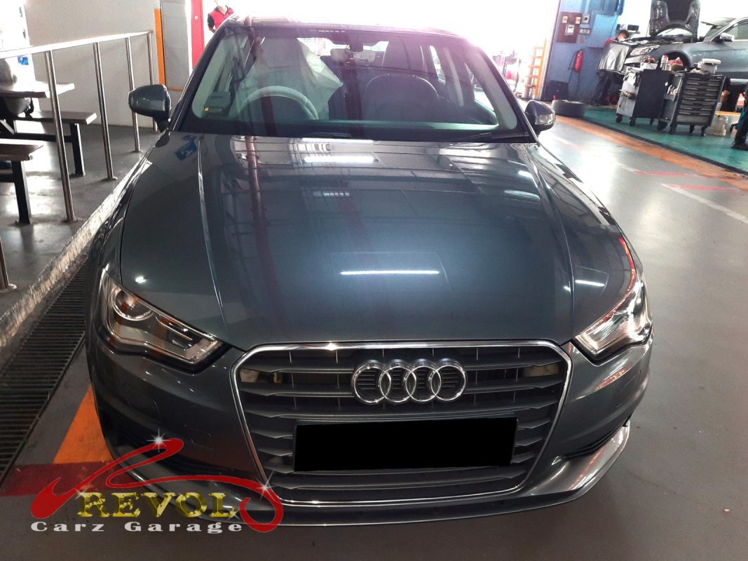 Audi A3 parked at the workshop for a service and timing belt replacement.