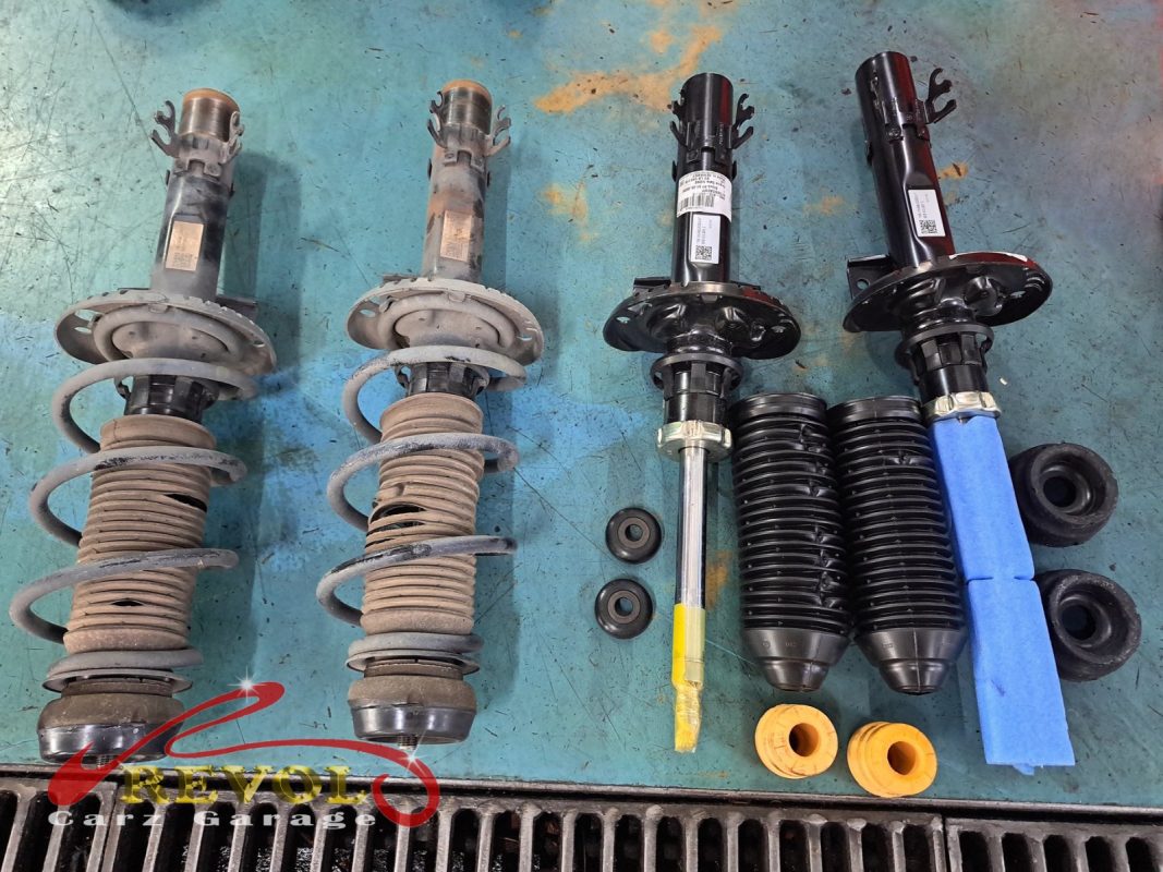 Both old front struts removed and lined up against the new pair.