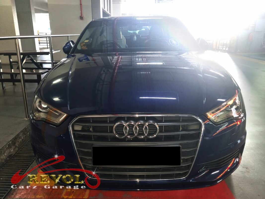 Audi A3 parked at the workshop, in for rear shock absorber inspection.