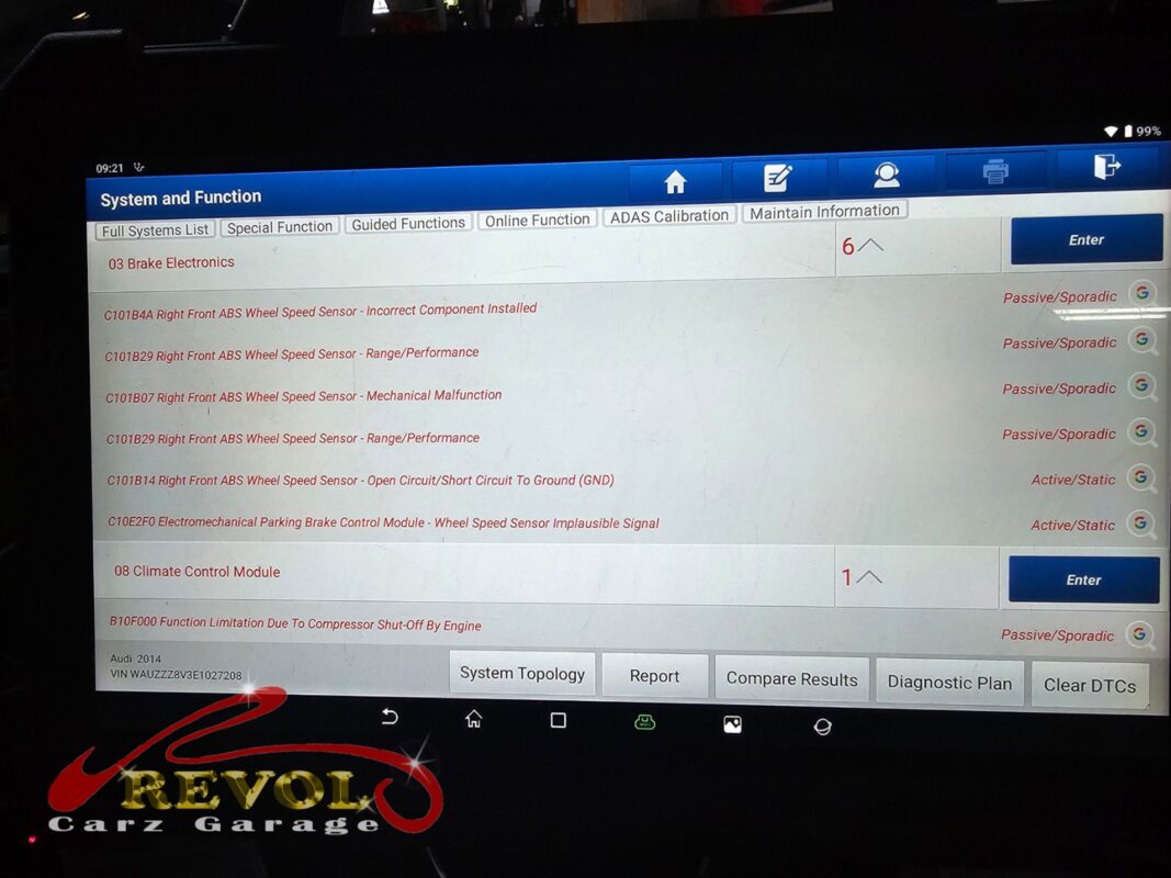 The diagnostic scan showing the wheel speed sensor fault on the Audi A3.