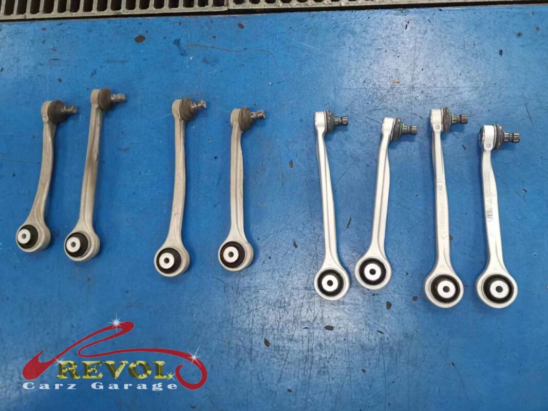 The new Audi-spec upper arms fitted and the alignment reset.