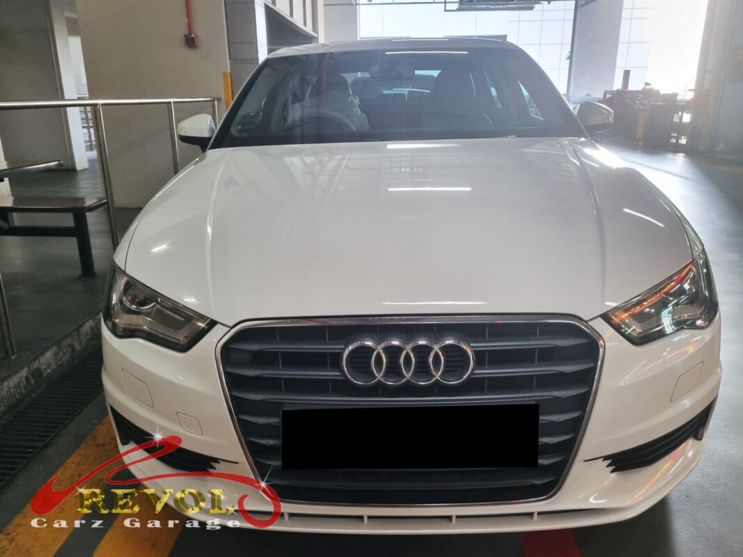 Audi A3 parked at the workshop for routine servicing.