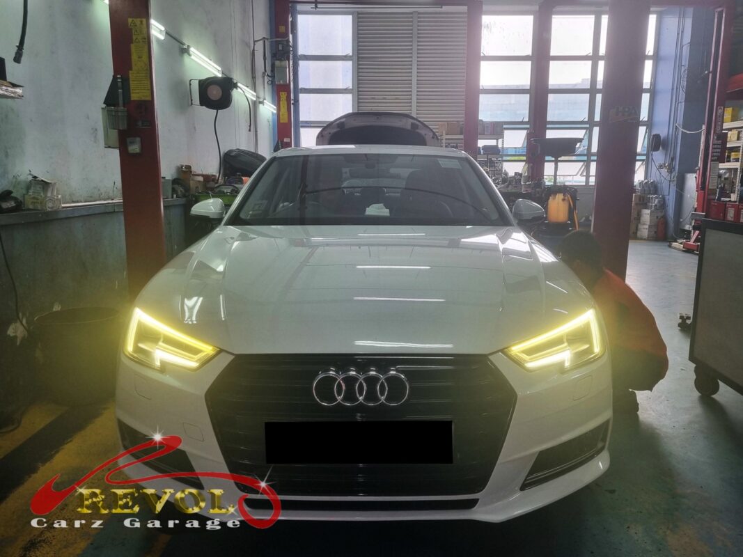 Audi A4 parked at the workshop, in for wheel bearing inspection.