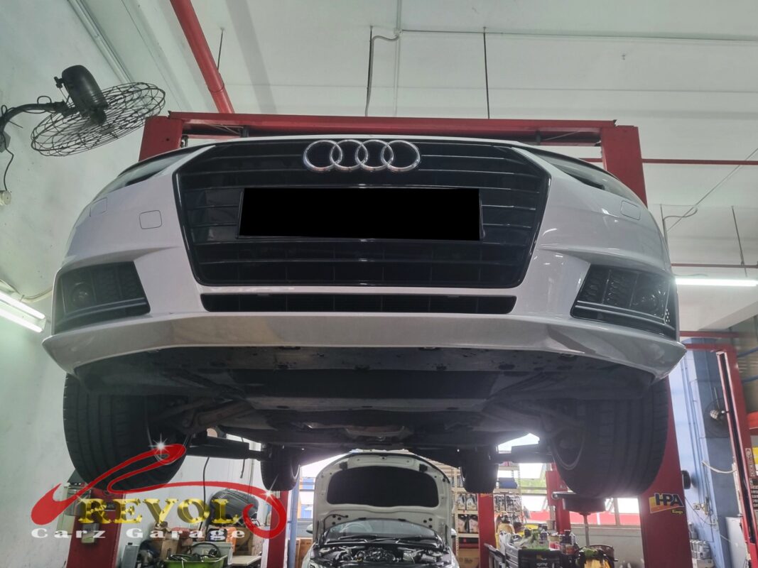 The noisy wheel checked on the lift on the Audi A4.