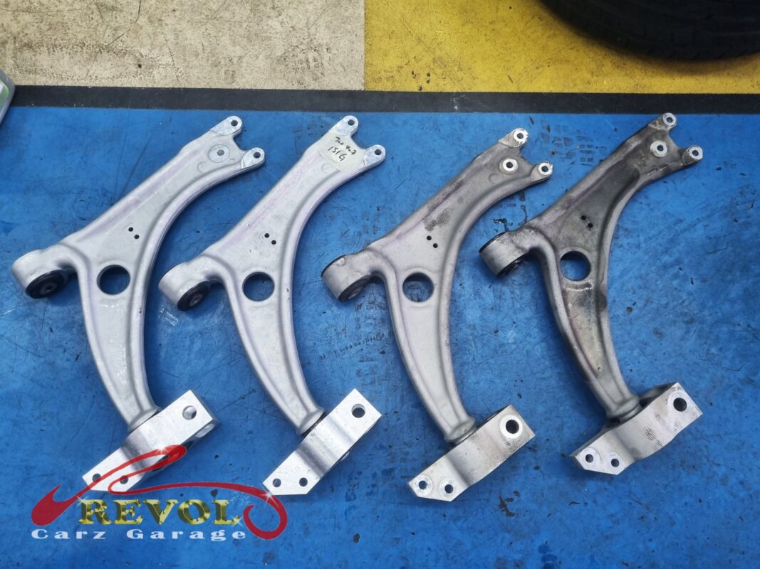 The new Audi-spec lower arms with fresh bushes and ball joints ready to fit.