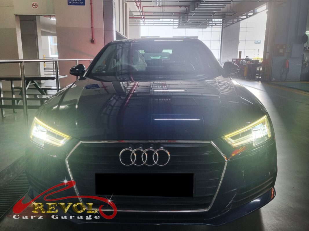 Audi A4 parked at the workshop, in for a transmission leak inspection.