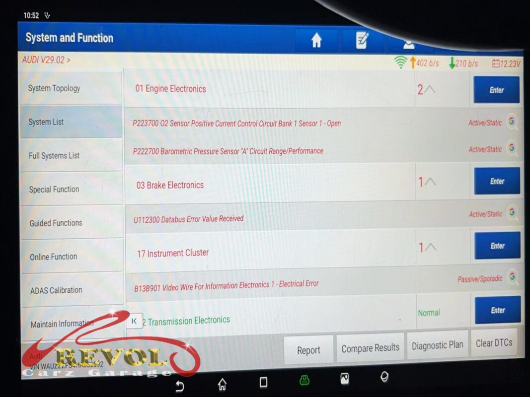 Comprehensive diagnostics pointing at the oxygen sensor on the Audi.