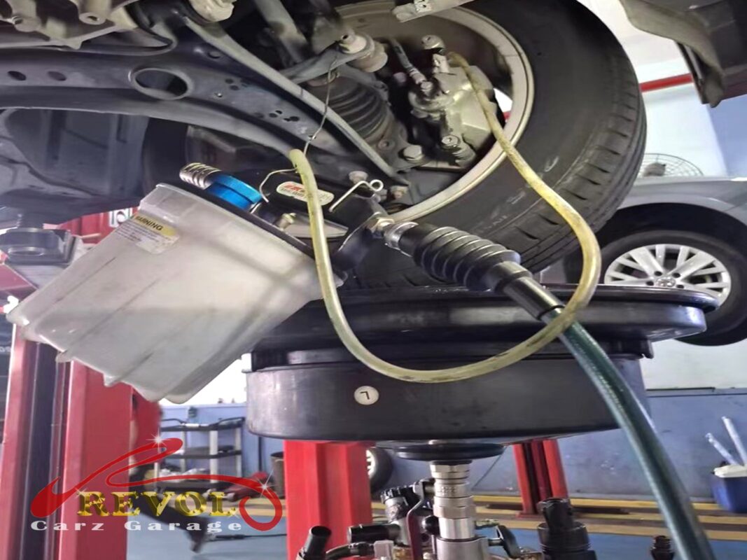 The brake fluid reservoir with the service equipment connected, the fluid checked and brought up to level.