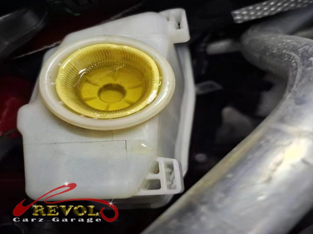 The brake fluid reservoir, cap off, showing the strainer and a clean level after the service.