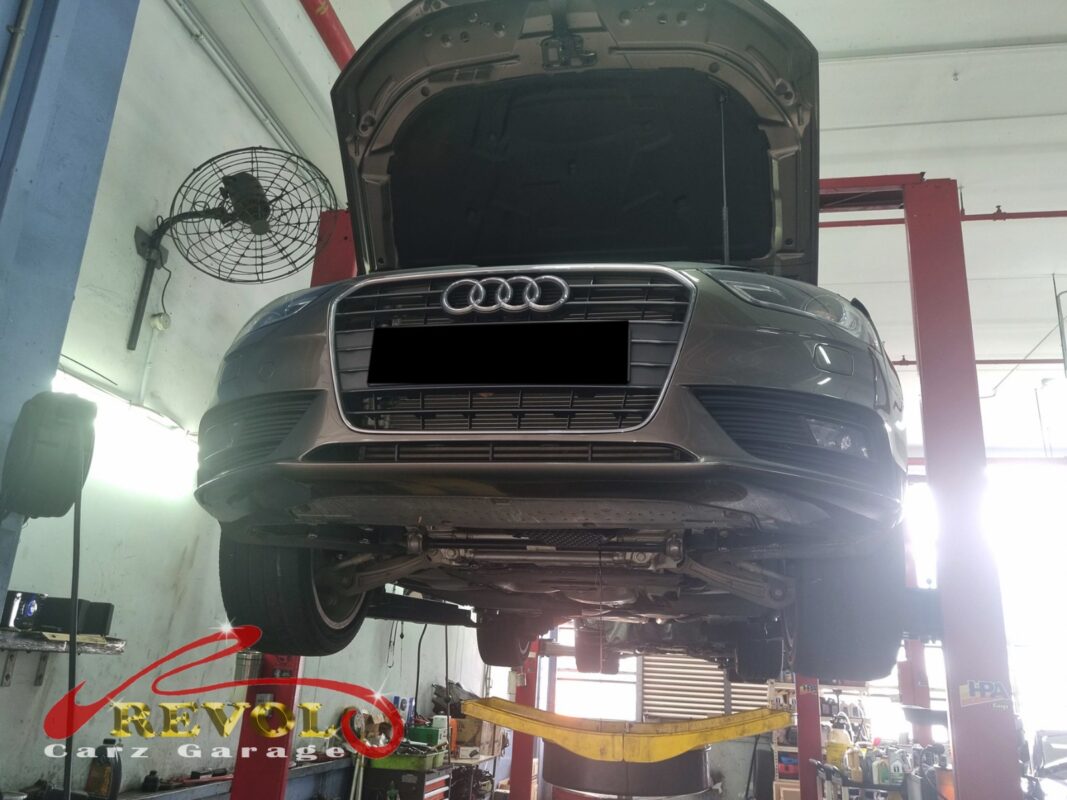 The Audi A4 up on the two-post lift, in for the engine mount work.