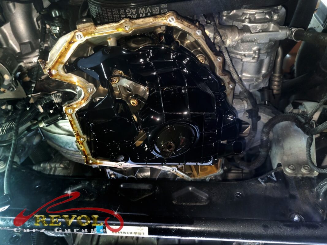 The sump off, the bottom of the engine exposed, the block face ready to be cleaned back to bare metal.