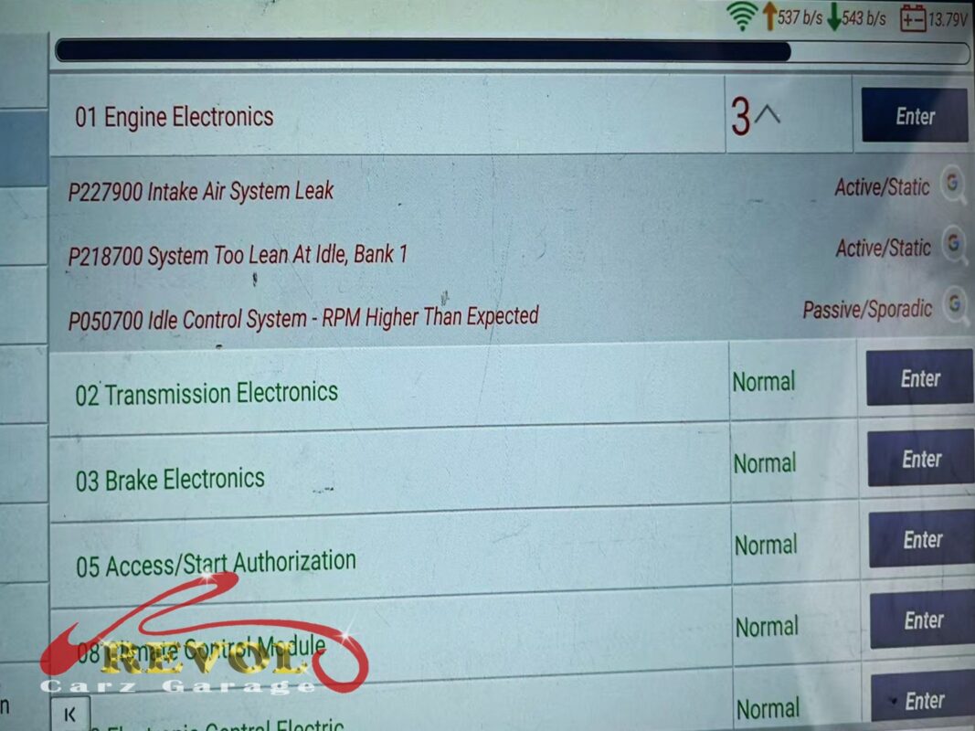 The scan flagging it: 'Intake Air System Leak', 'System Too Lean At Idle', 'Idle Control System - RPM Higher Than Expected', all pointing at an unmetered air leak through the PCV.