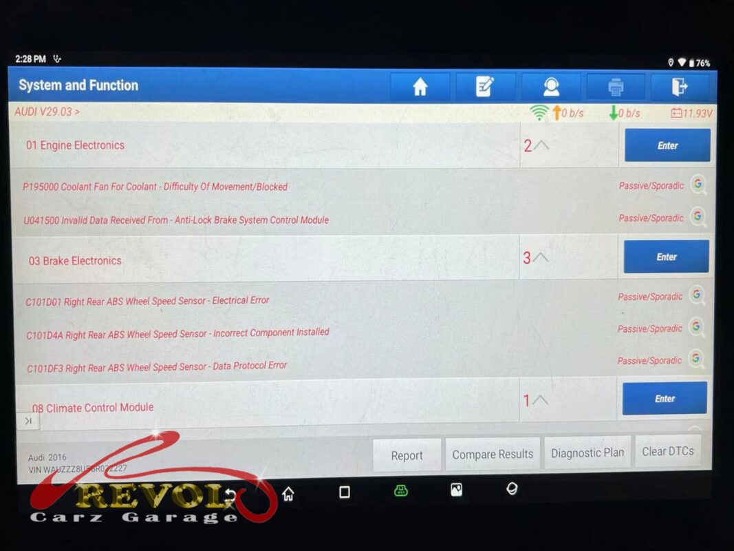 The scan flagging it: 'Coolant Fan For Coolant - Difficulty Of Movement/Blocked', the radiator fan seized.