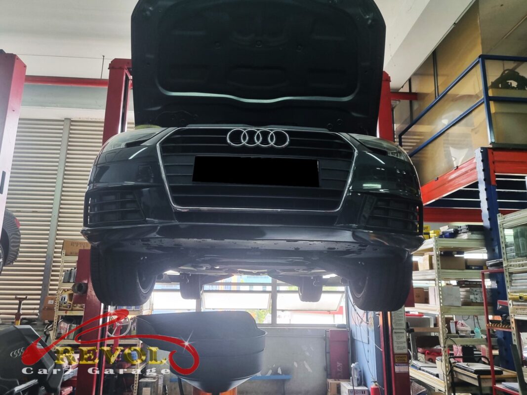 The Audi A4 up on the two-post lift, in for the ATF pan job.