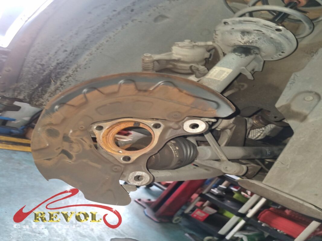 The front hub area with the wheel, disc and caliper off, the hub flange showing the rust and wear of an ageing bearing.