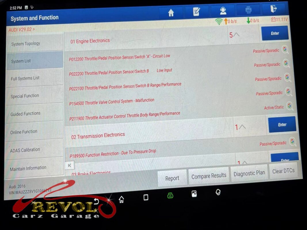 The scan: a stack of throttle codes, 'Throttle Valve Control System - Malfunction' and 'Throttle Actuator Control Throttle Body Range/Performance', the body's actuator failing.