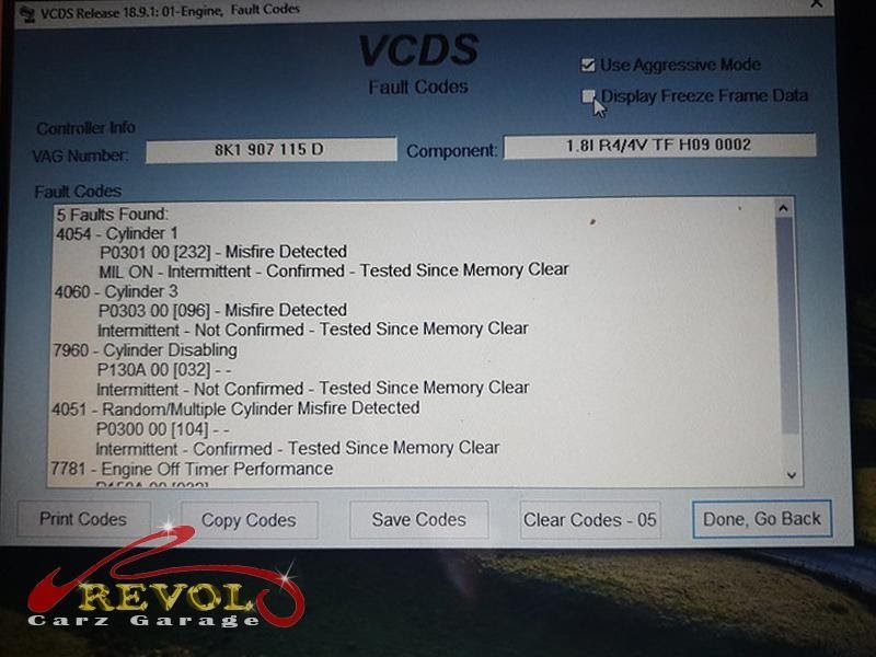 Misfire diagnostics on the Audi A4 pointing to the affected cylinder.