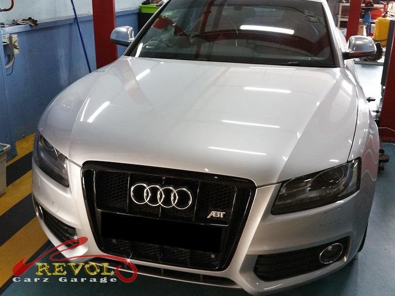Audi at the workshop, in for an engine oil leak inspection.
