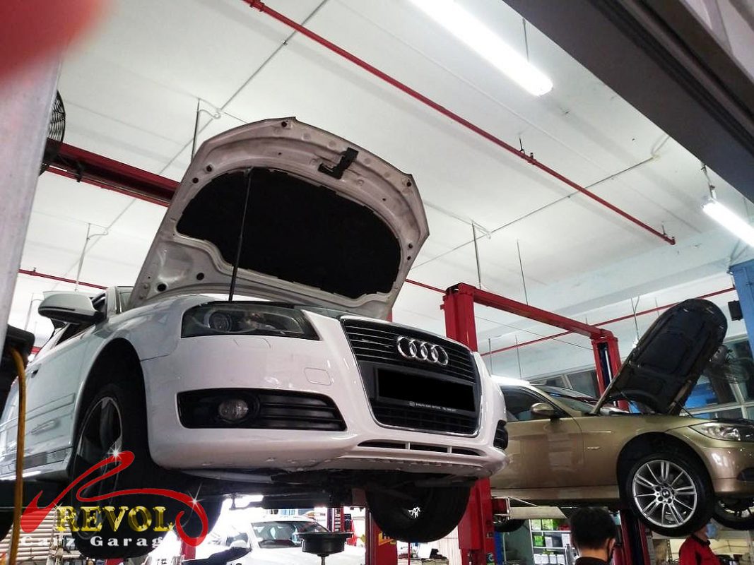 Audi A3 parked at the workshop for a service and cooling system work.