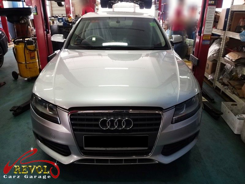 Audi A4 parked at the workshop, in for a coolant leak diagnosis.