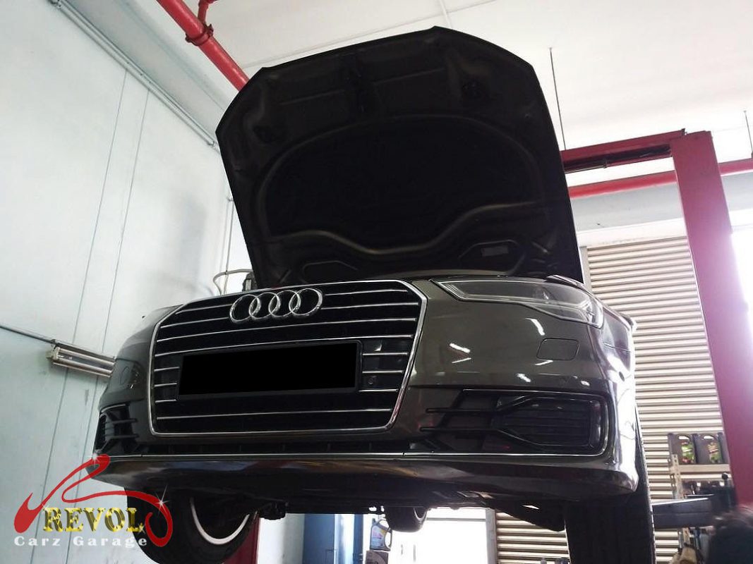 Audi A6 parked at the workshop, in for a drive shaft diagnosis.