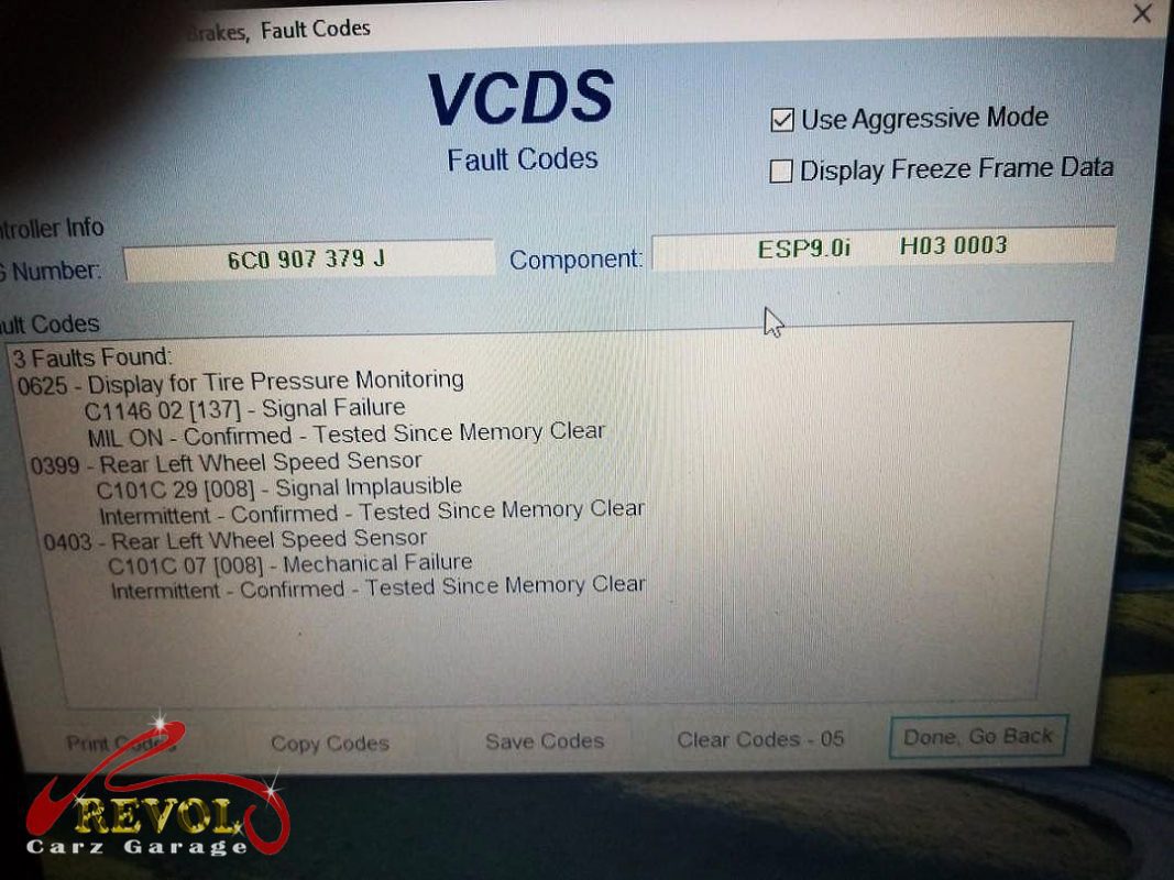 Diagnostic scan on the Audi A1 pointing to the failed wheel speed sensor.