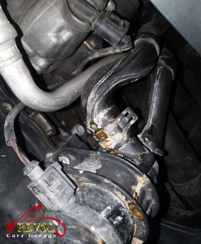 The old perished, cracking coolant hoses removed.