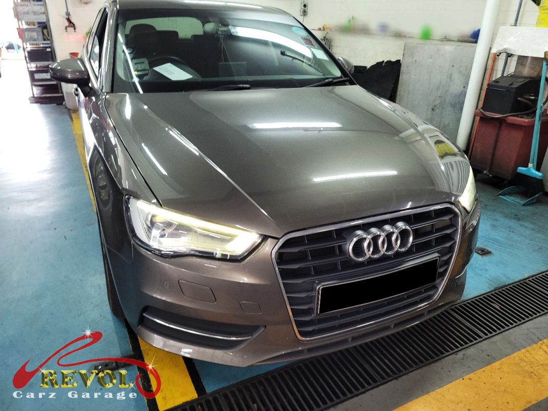 Audi A3 parked at the workshop, in for a wheel bearing diagnosis.