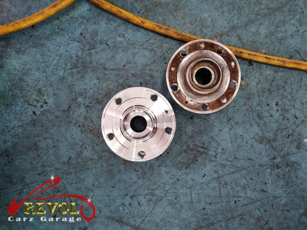 The old worn wheel bearing pressed out of the hub.