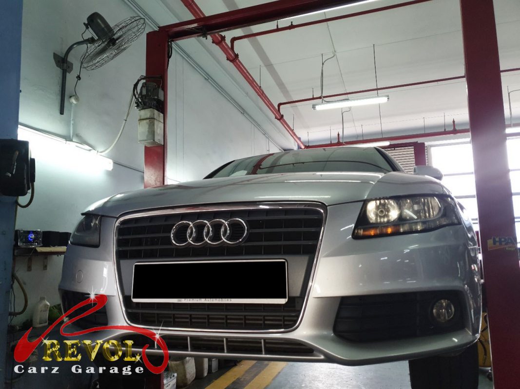 Audi A4 parked at the workshop, in for an undercarriage noise diagnosis.