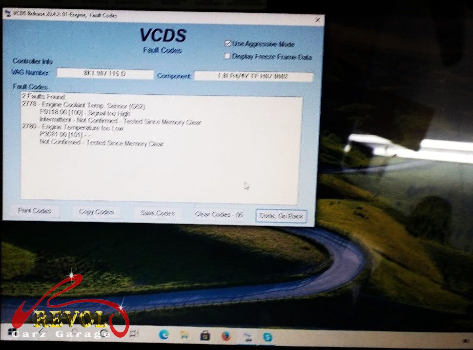 Diagnostic scan on the Audi A4 pointing to the faulty coolant temperature sensor.