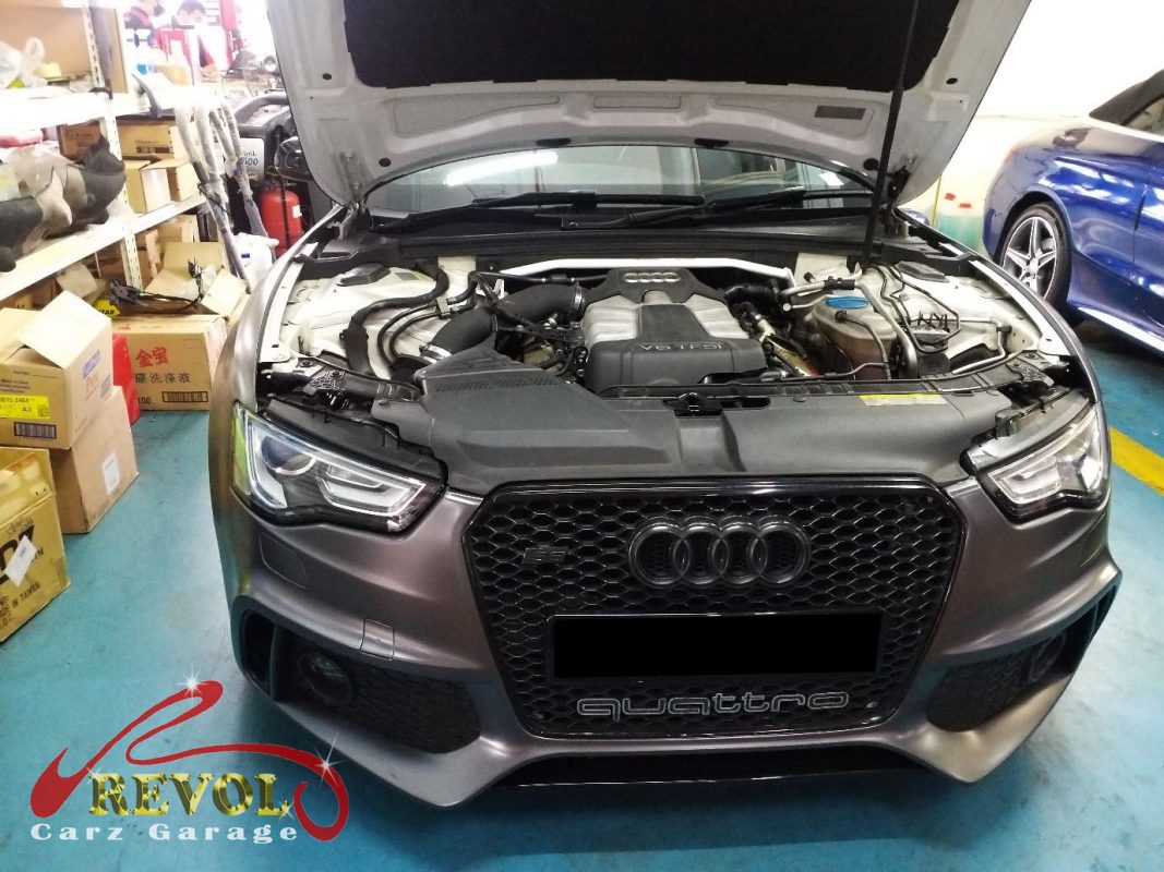Audi S5 parked at the workshop, in for an undercarriage noise diagnosis.