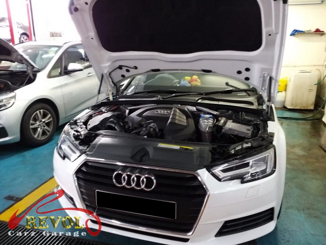 Audi A4 parked at the workshop, in for aircon compressor inspection.