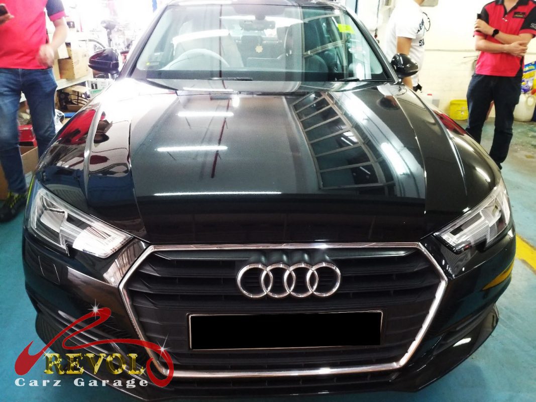 Audi A4 parked at the workshop, in for a wheel bearing diagnosis.